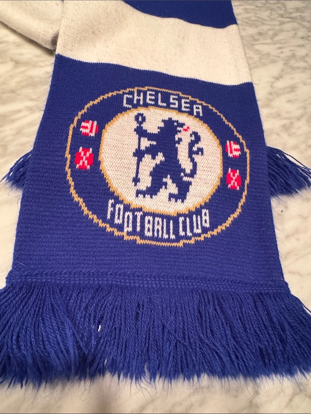 Chelsea Football Club soccer blue & white stripe Chelsea logo fringed scarf.